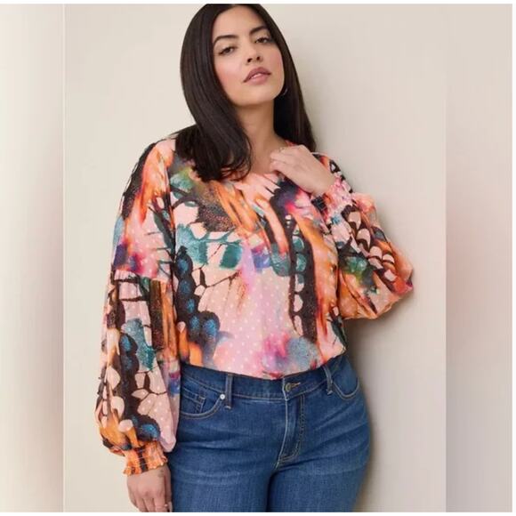 Torrid Colorful Chiffon Clip Dot Blouson Long Sleeve Blouse Size 4 - Picture 1 of 11